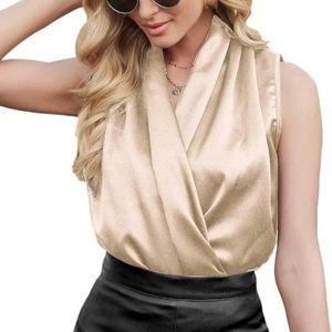 𝅺WOMEN'S Elegant Satin Wrap Top Blouse Beige Sleveless Small Sexy